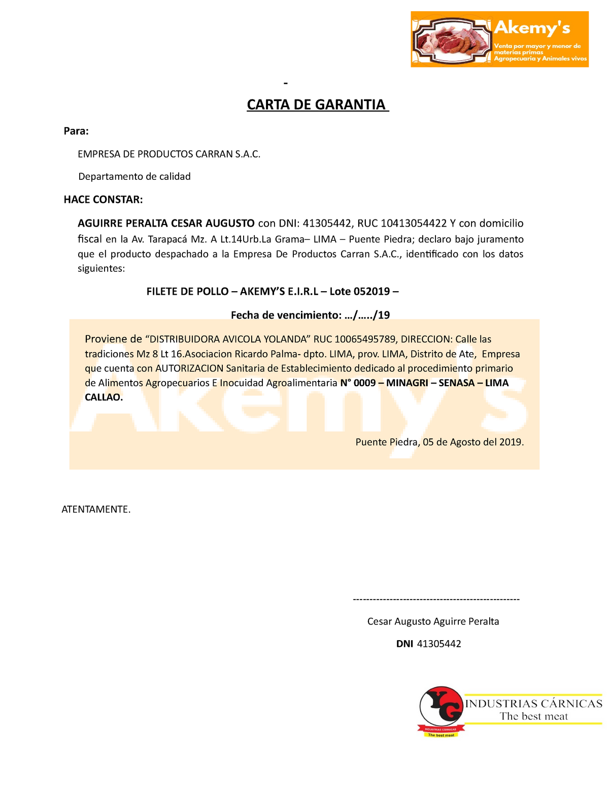 ignorar Amperio pestaña Carta DE Garantia - CARTA DE GARANTIA Para: EMPRESA DE PRODUCTOS CARRAN  S.A. Departamento de calidad - Studocu