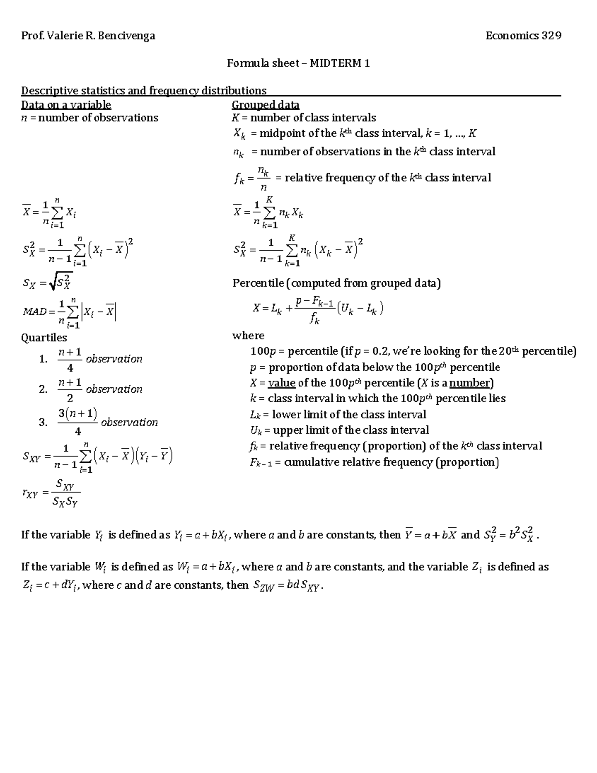MT1 formula sheet - Prof. Valerie R. Bencivenga Economics 329 Formula ...