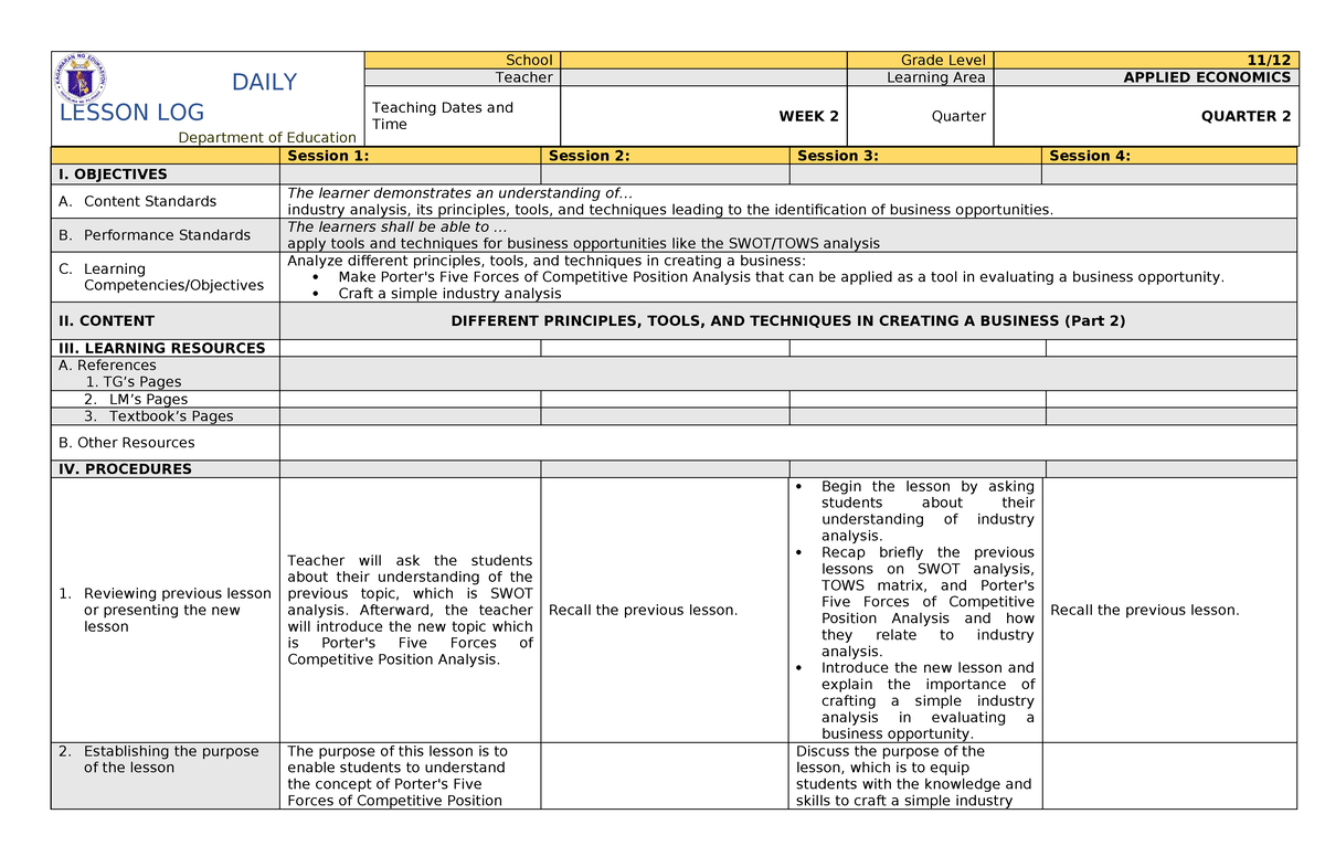 AE Q2 WEEK 2 - DLL - DAILY LESSON LOG Department of Education School ...