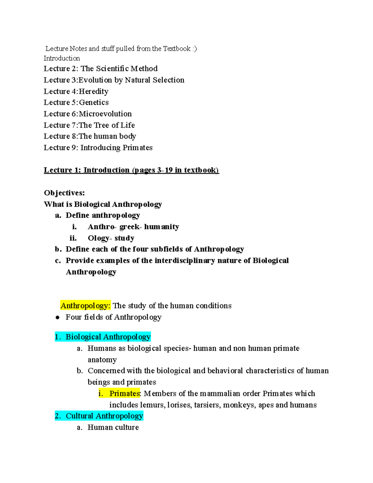 Biological Anthropology exam 1 Study Guide Lecture Notes and stuff