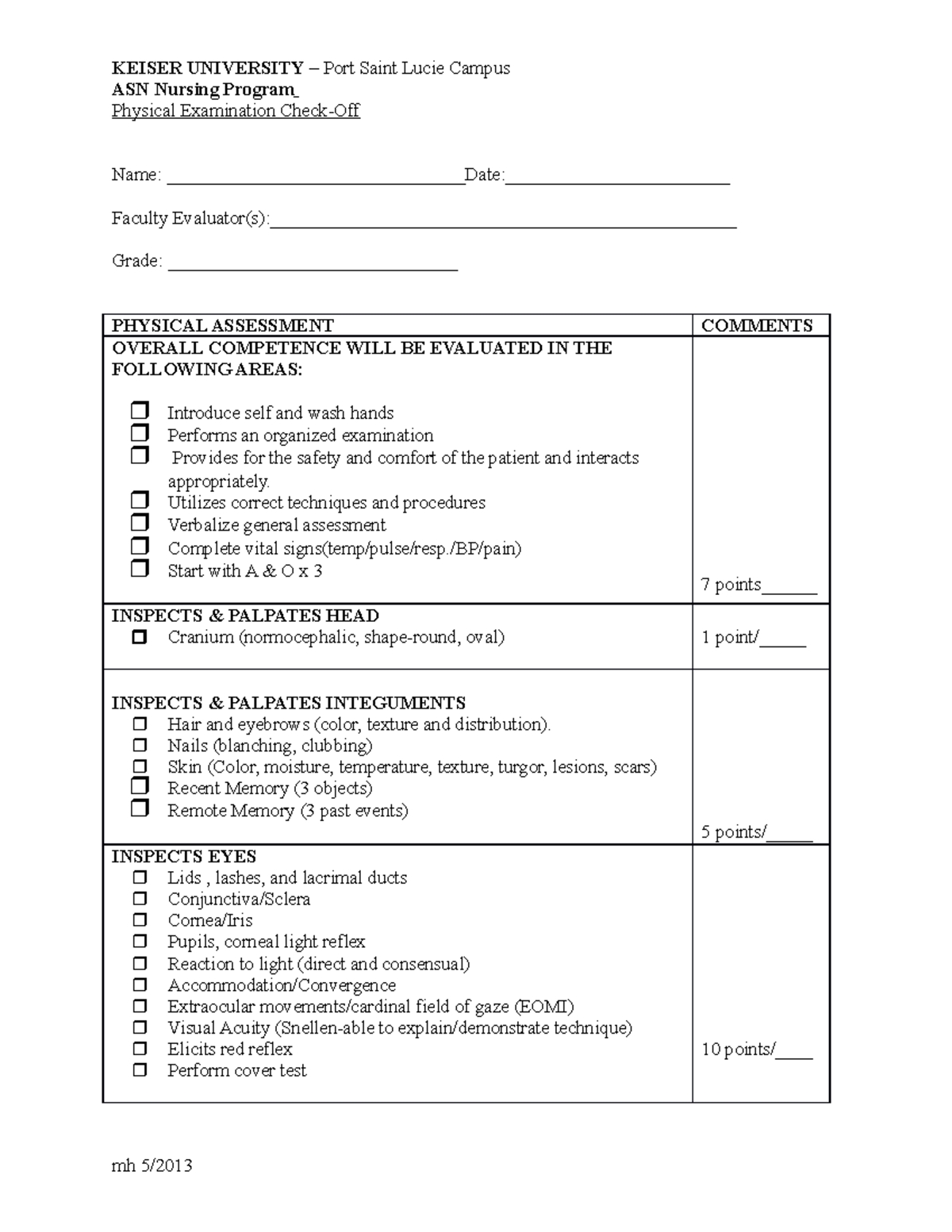 Head to toe check off - Head to toe - ASN Nursing Program Physical ...