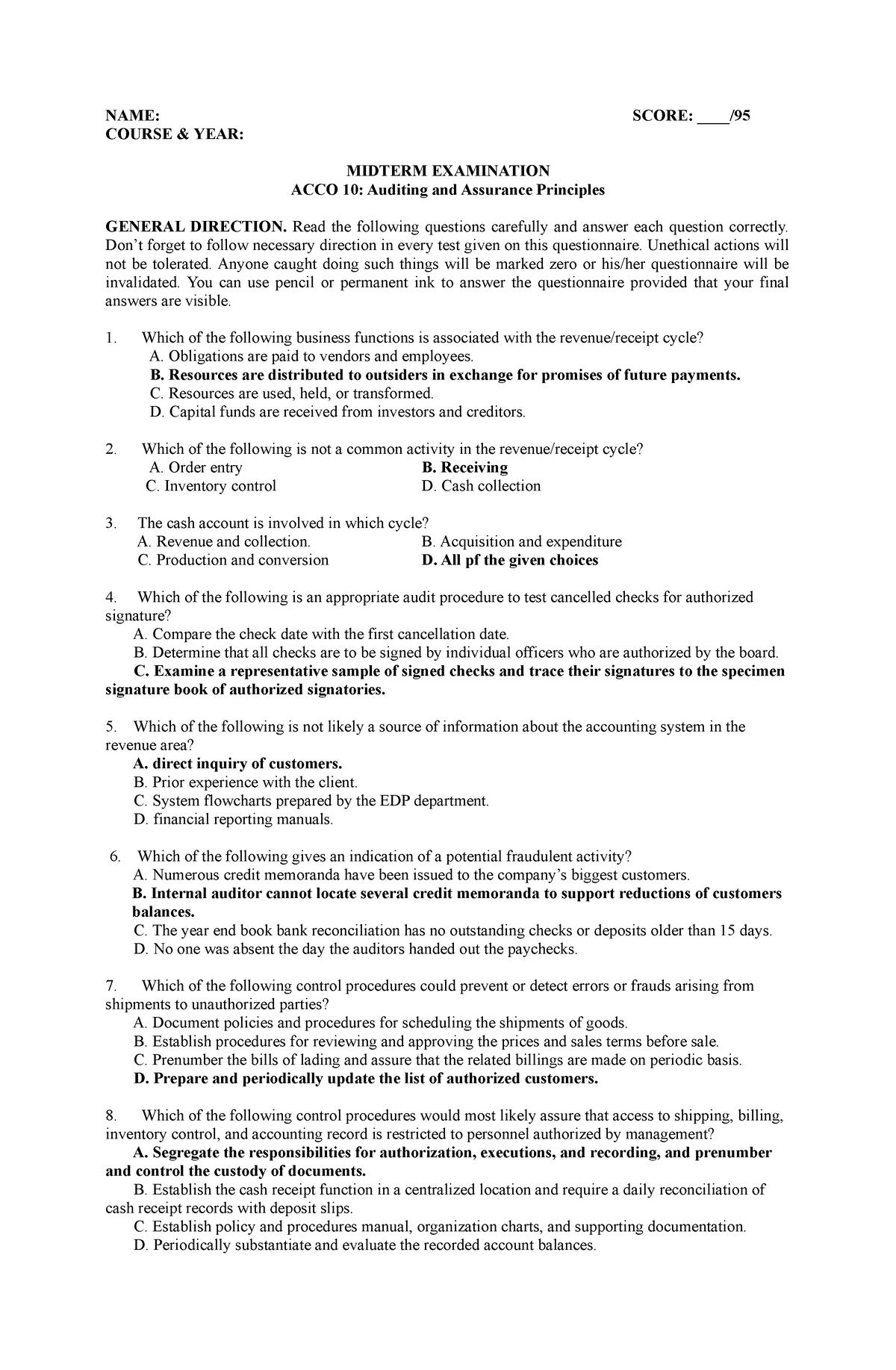 Midterm - Practice Materials in Auditing Theories - NAME: SCORE ...