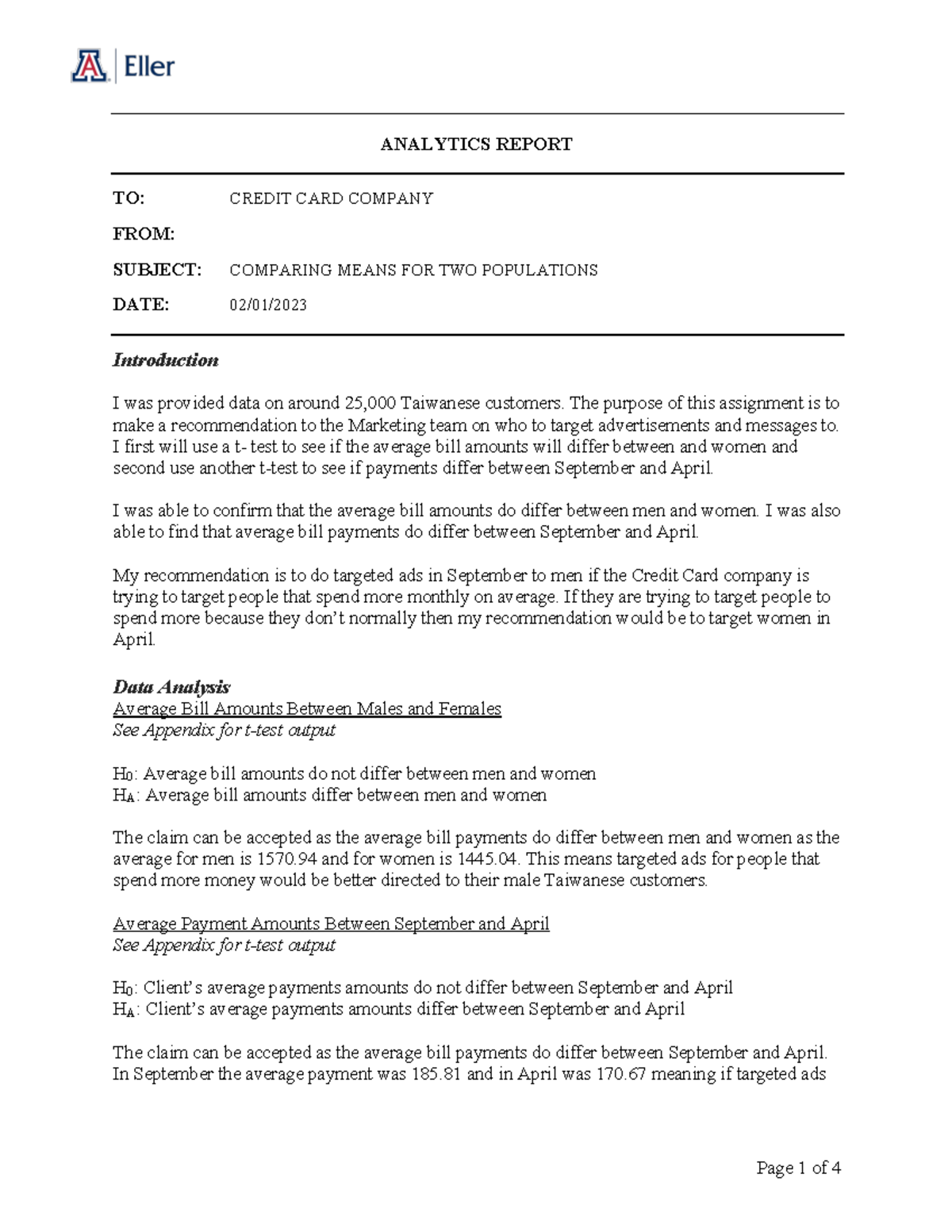 BNAD 277 Discussion 2 Credit Card Data ANALYTICS REPORT TO CREDIT