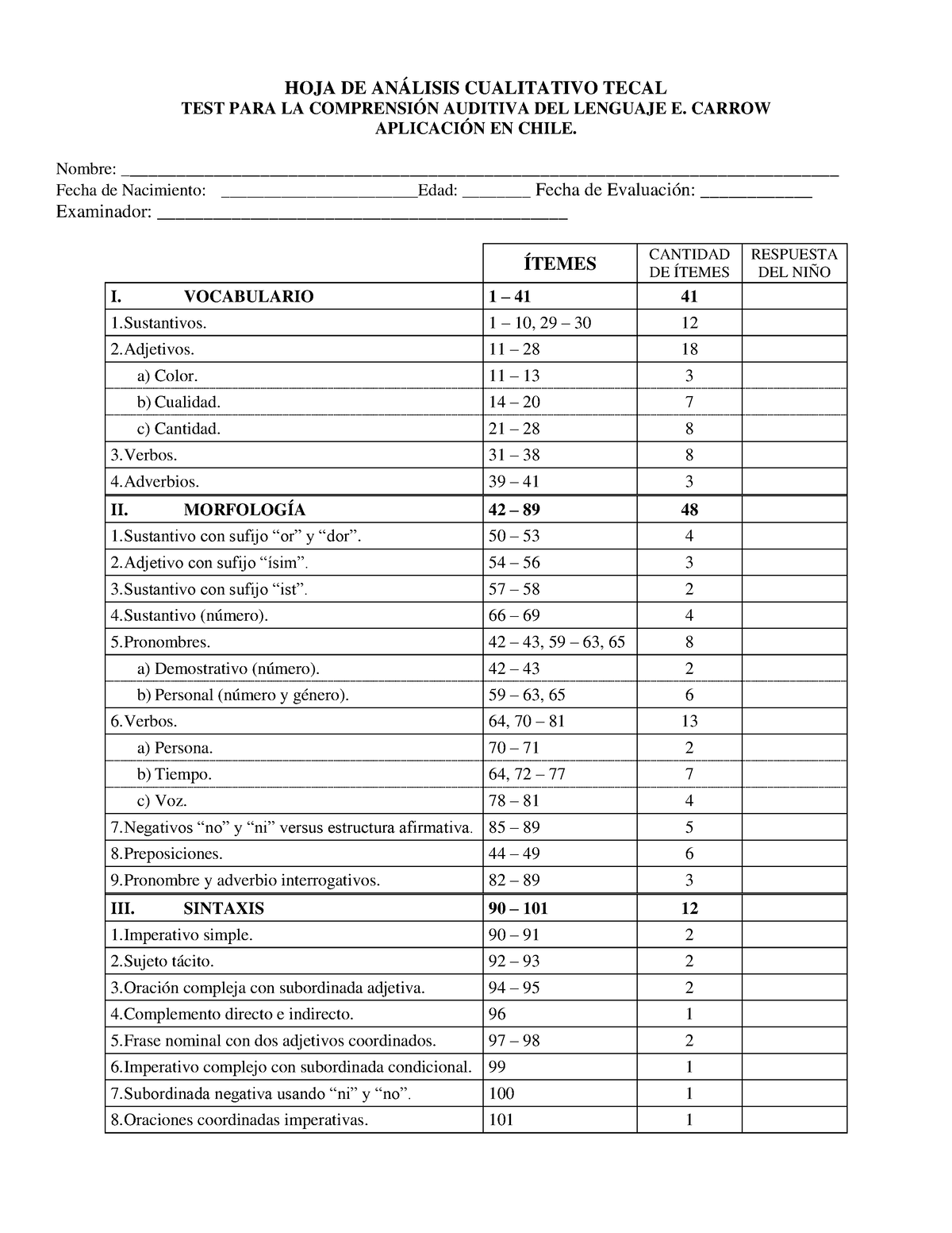 Tecal - HOJA DE ANÁLISIS CUALITATIVO TECAL TEST PARA LA COMPRENSIÓN 