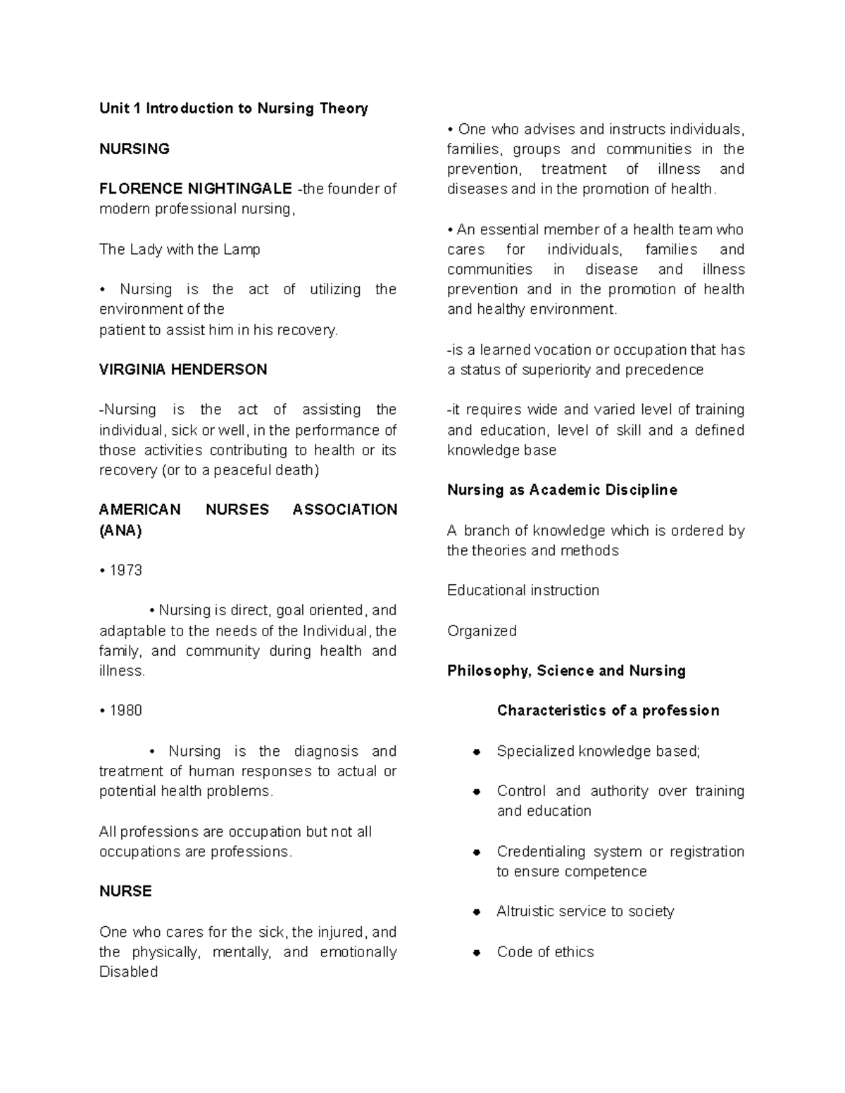 TFN-WORD- Reviewer - Unit 1 Introduction to Nursing Theory NURSING ...
