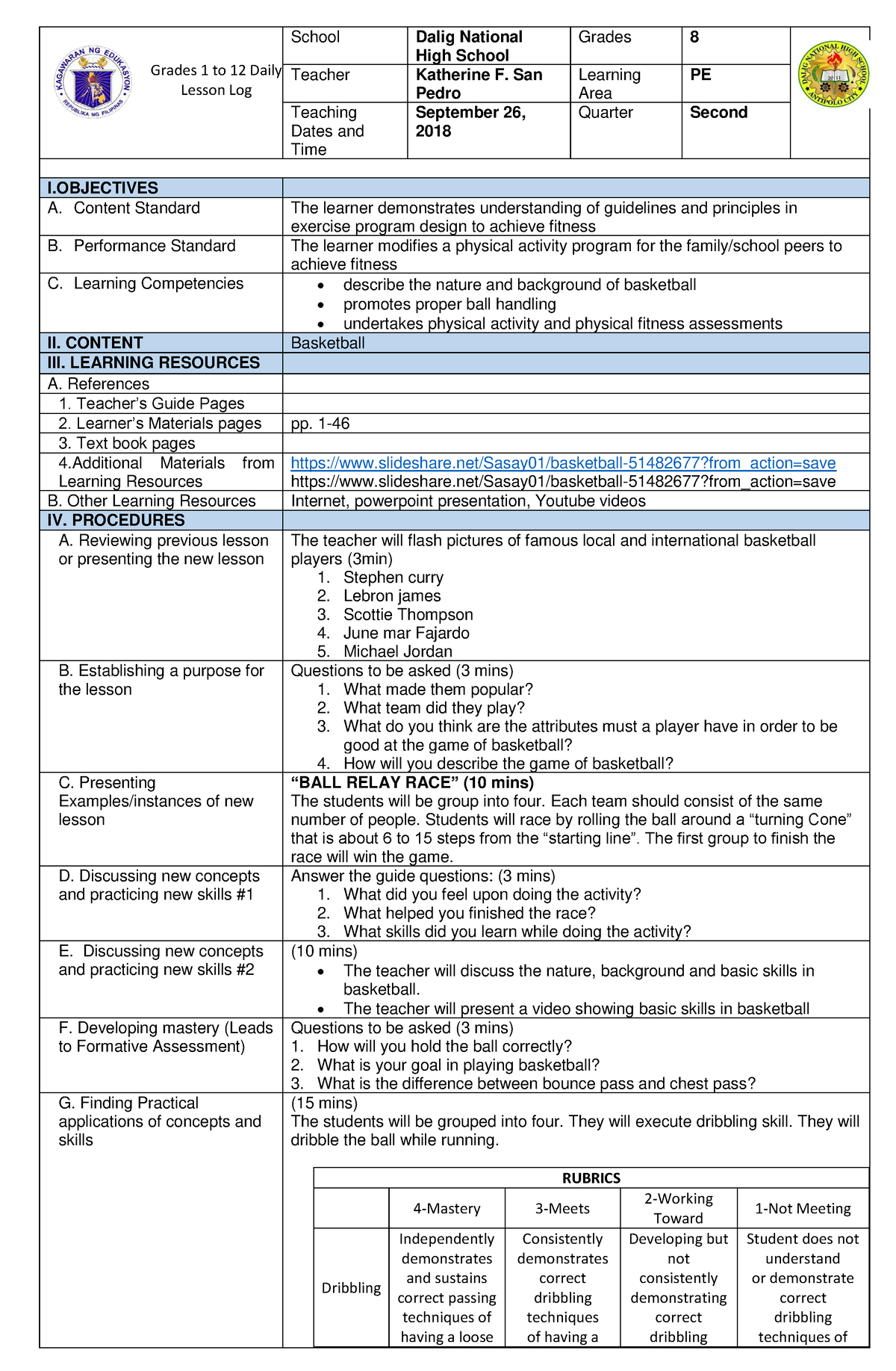 COT 2nd quarter grade 8 pdf - Grades 1 to 12 Daily Lesson Log School ...