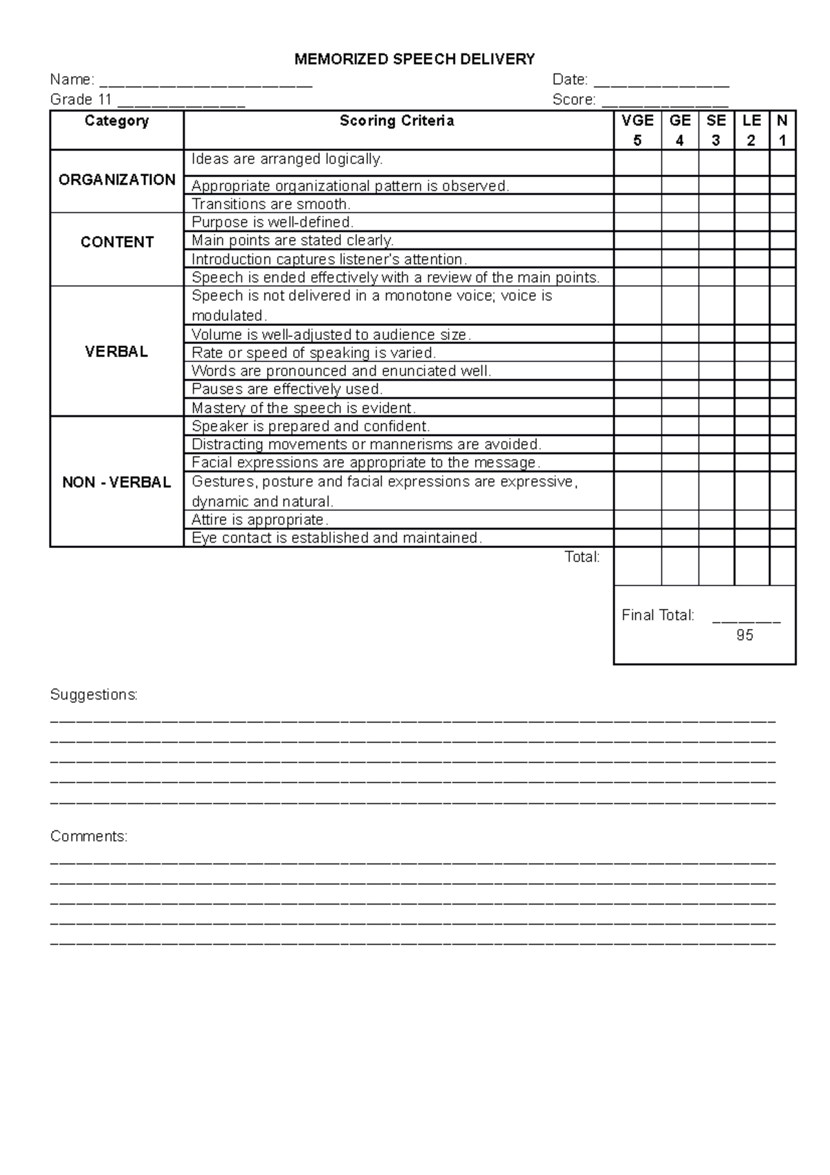 Rubrics Memorized Speech - Memorized Speech Delivery Name 