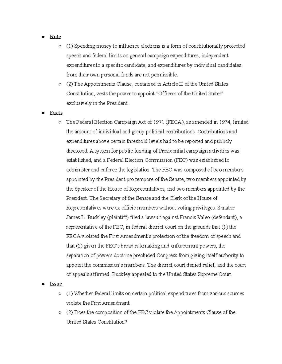 Admin Law Buckley v. Valeo Rule (1) Spending money to influence