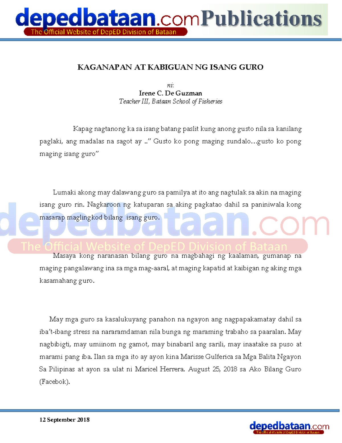 Kaganapan At Kabiguan Ng Isang Guro - 12 September 2018 Publications ...