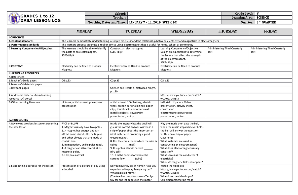 DLL Science 5 Q3 W10 - FOR TEACHERS reference in DAILY LESSON LOG ...