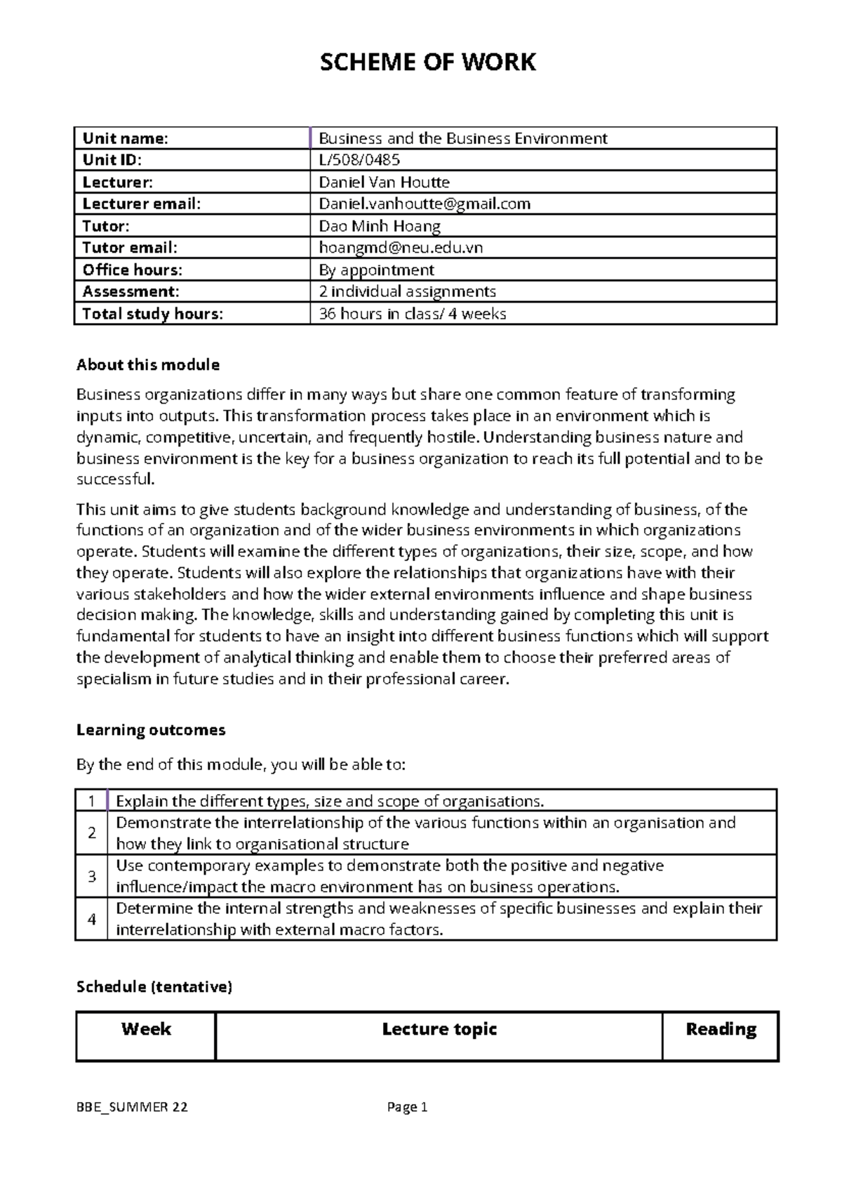 BBE Summer 22scheme of work SCHEME OF WORK Unit name Business and