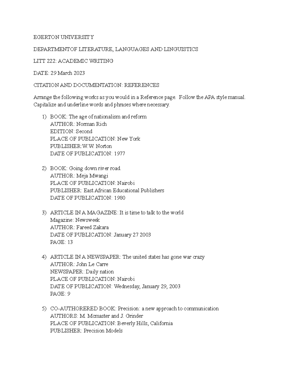 References Questions - Some of the work given by prof. Joseph Walunywa ...