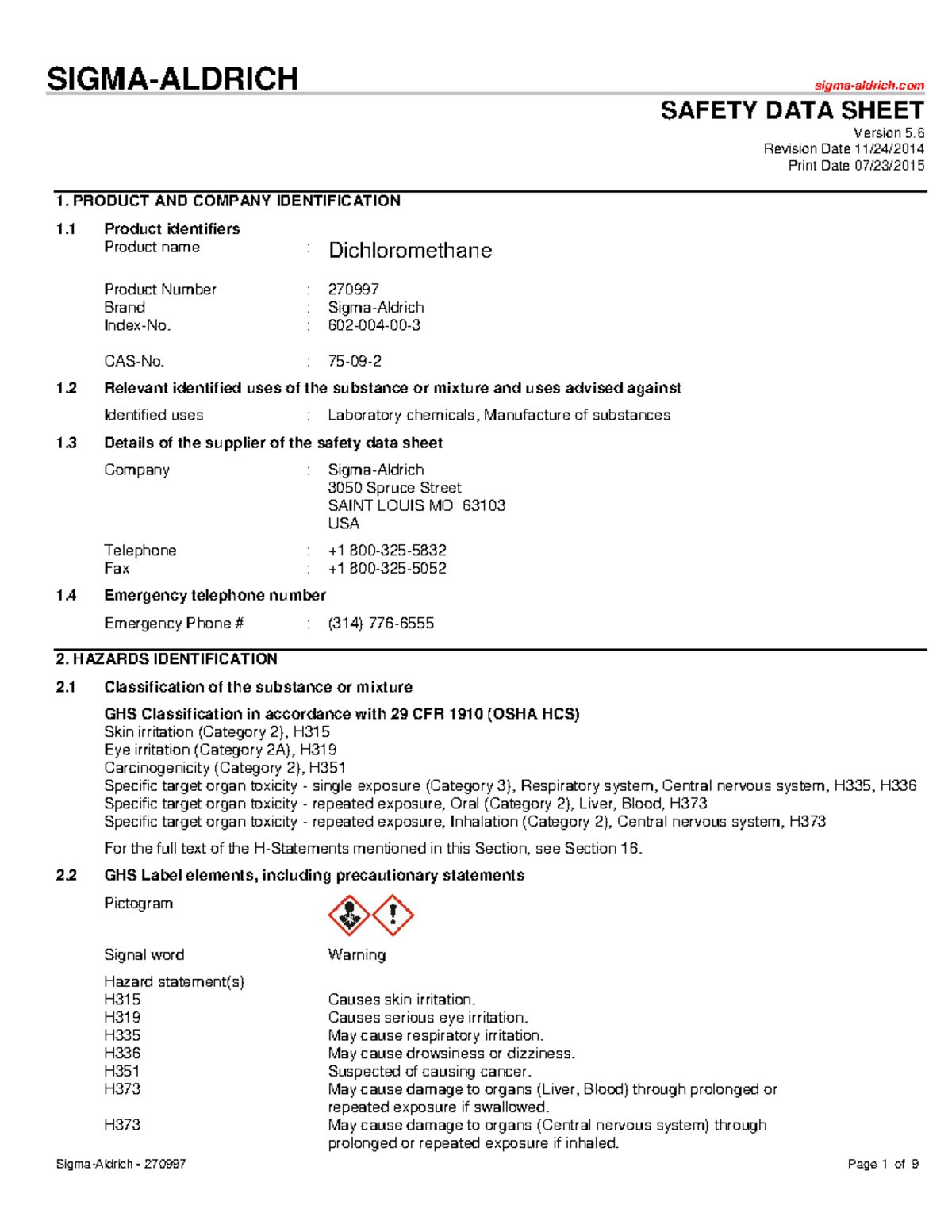 Dichloromethane MSDS 270997 - SIGMA-ALDRICH sigma-aldrich SAFETY DATA ...