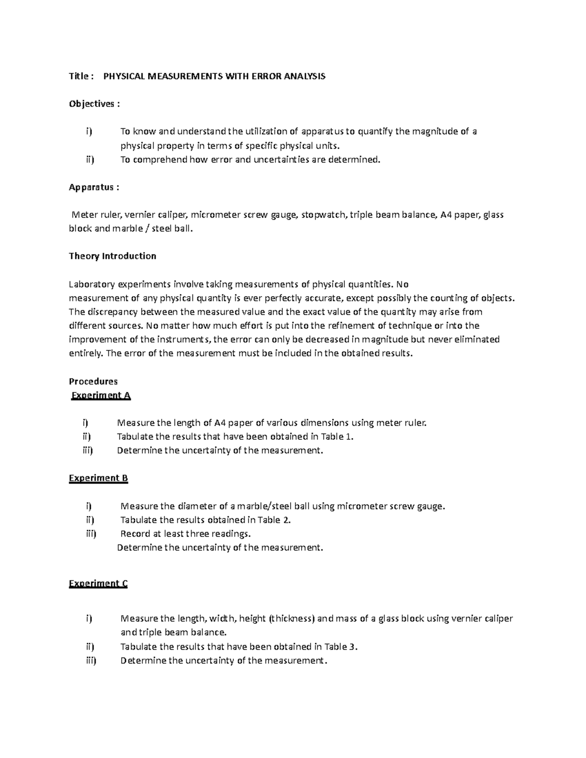 Phy exp 1 - this is experiment report - Title : PHYSICAL MEASUREMENTS ...