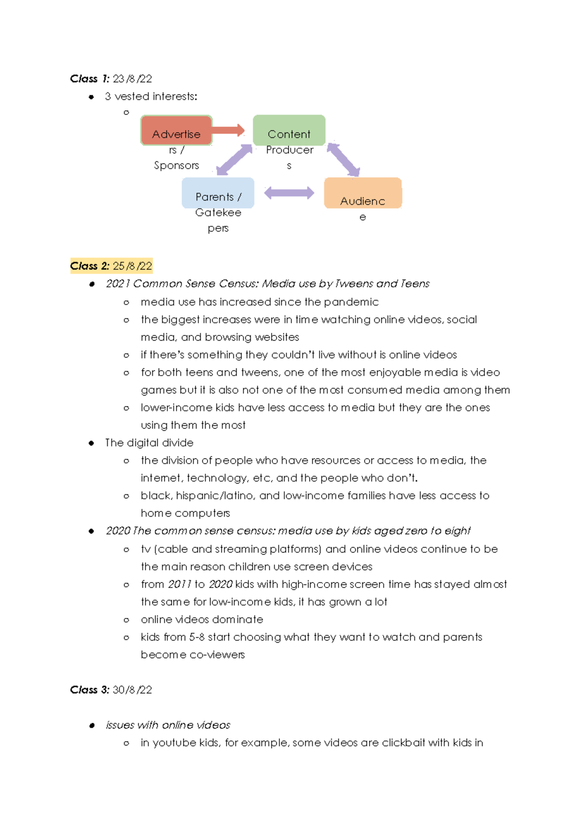 Children and Mass Comm - class 1-3 lecture notes - Class 1: 23/8/ 3 ...