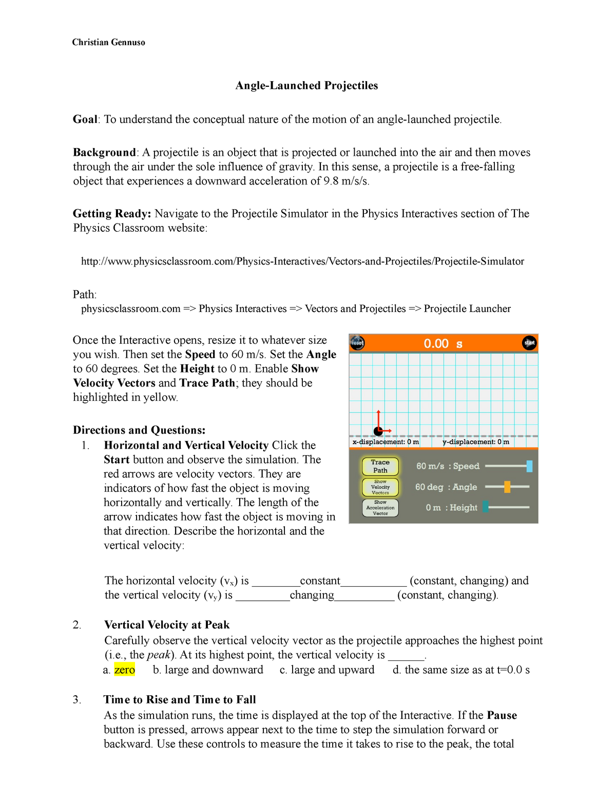 Projectiles Launched At An Angle Worksheet Multiple Choice