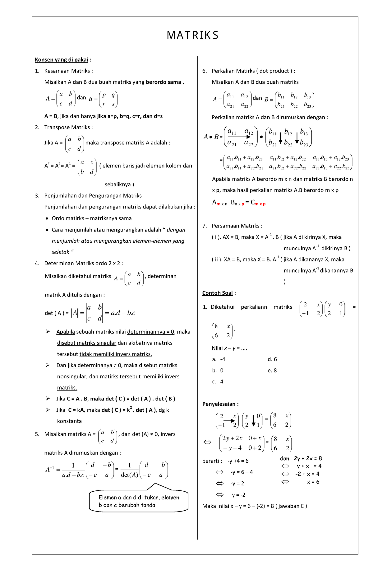 Materi Matriks - Tugas - Konsep Yang Di Pakai : Kesamaan Matriks ...