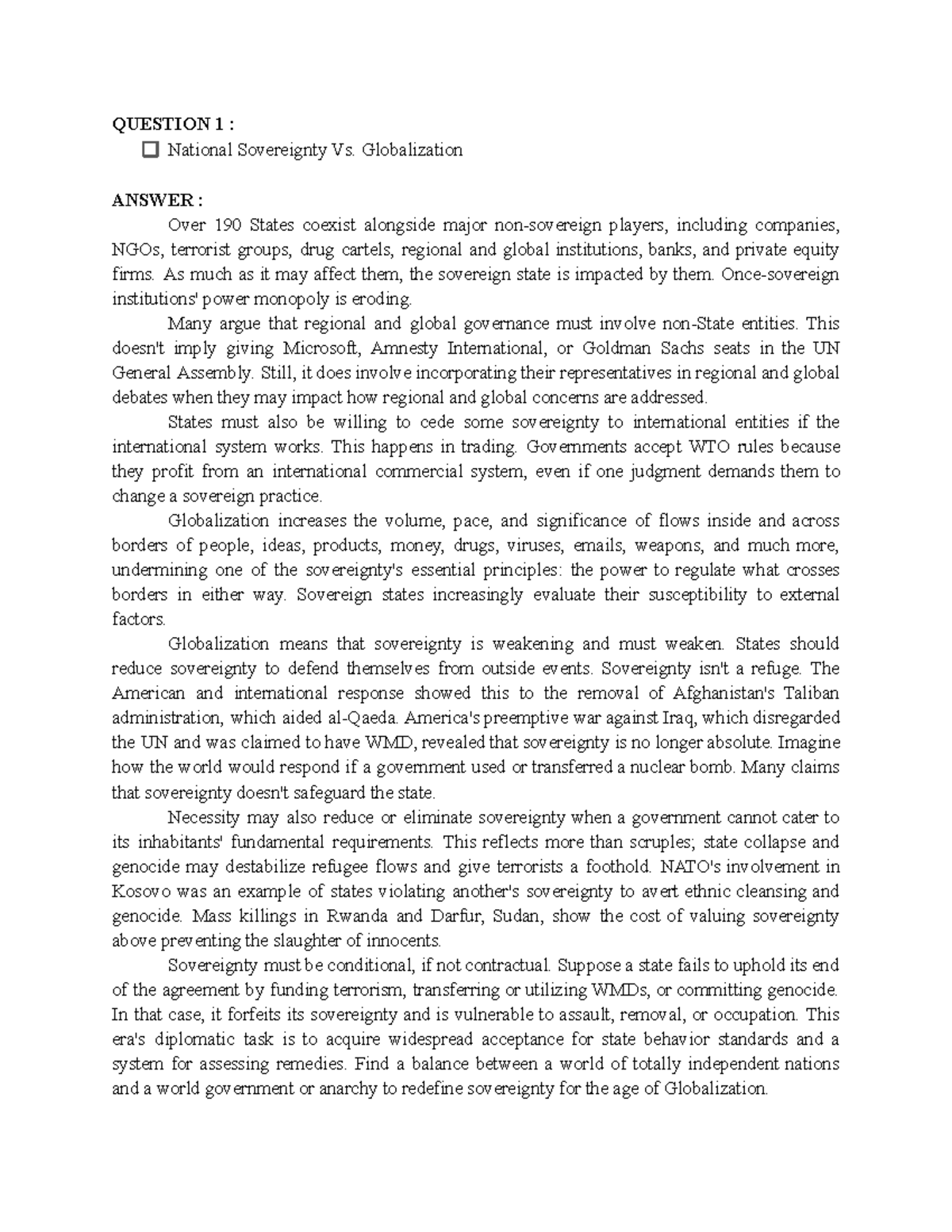 Sovereignty Vs Globalization - Question 1 : National Sovereignty Vs 