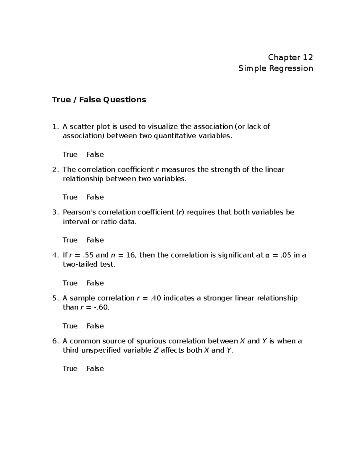 SB Test Bank Chapter 12 - Chapter 12 Simple Regression True / False ...