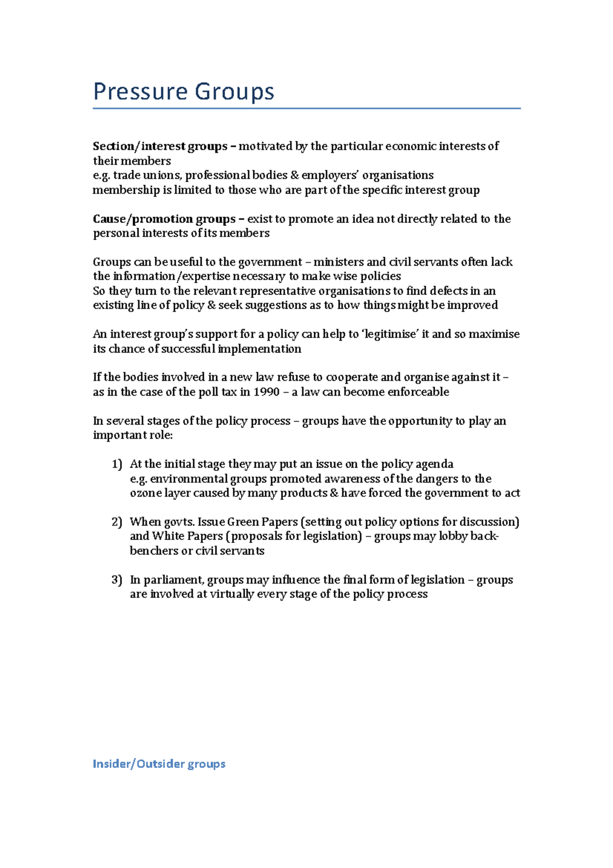 Pressure Groups Lecture notes 5 Pressure Groups Section/interest