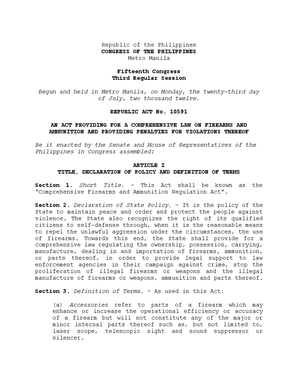 RA 10591 Comprehensive Firearms and Ammunition Regulation Act of 2012