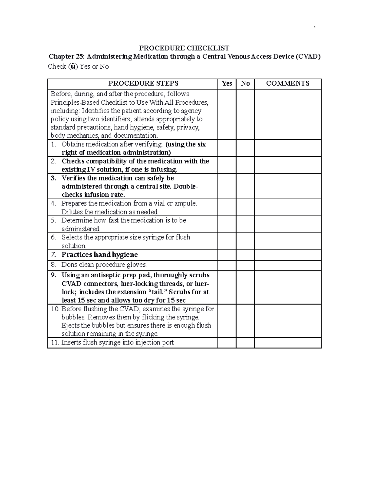 CVAD Medication Administration - PROCEDURE CHECKLIST Chapter 25 ...