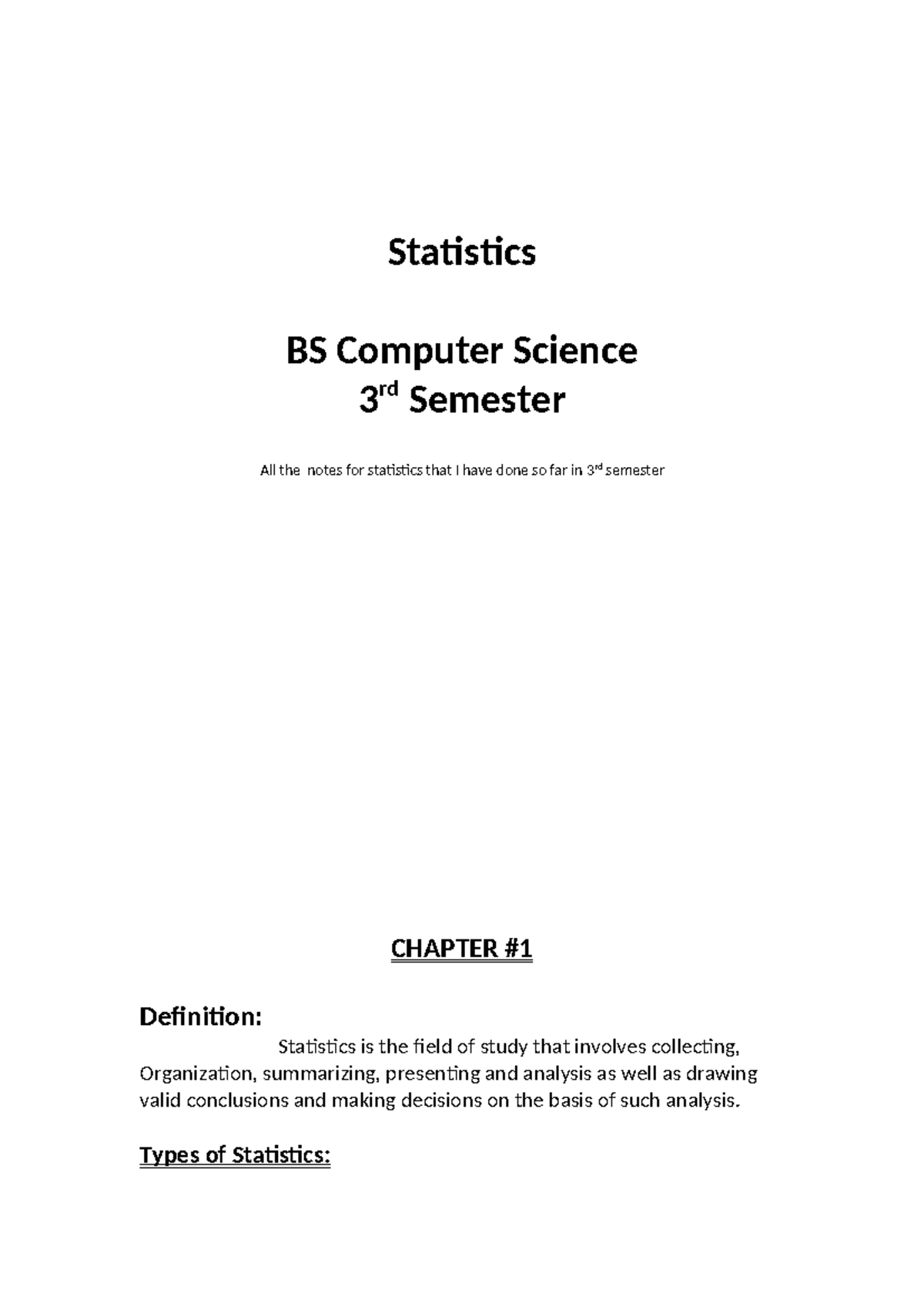 Statistics Notes - Statistics BS Computer Science 3 rd Semester All the ...