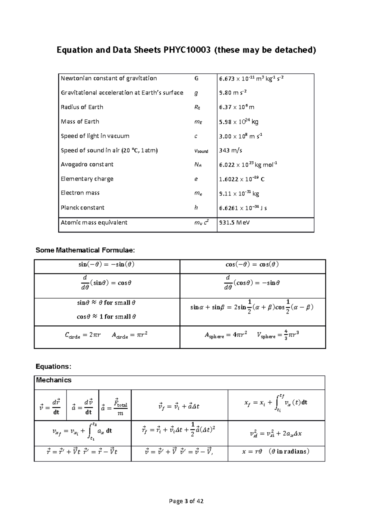 Physics Formula Sheet - Page 3 of 42 Equation and Data Sheets PHYC10003 ...