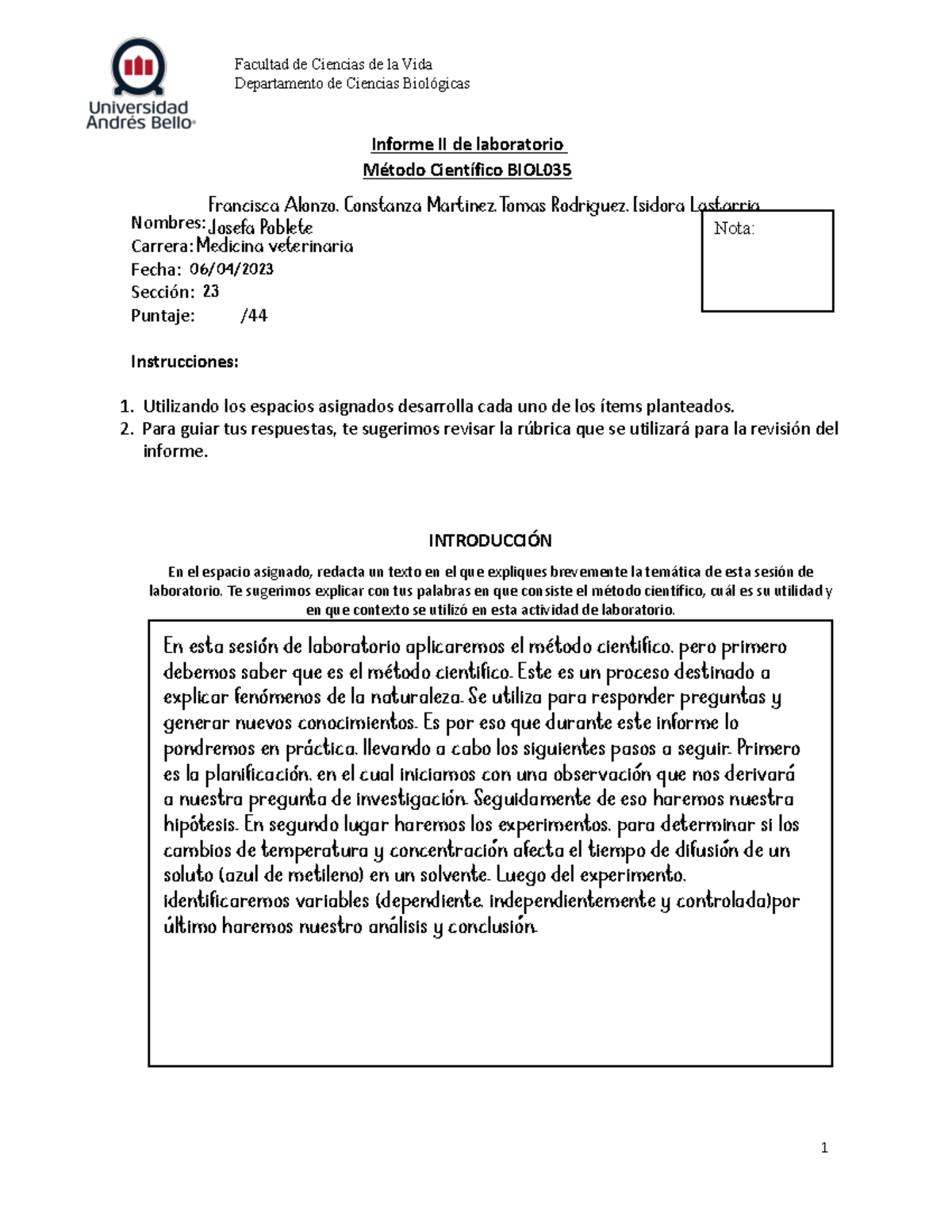 Informe 2 Lab Biocel - .... - Departamento De Ciencias Biológicas ...