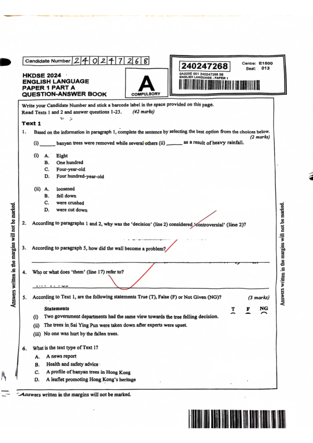 2024dse英语答题卷A - DSE ENG Past Paper - Candidate Number 240247268 ...