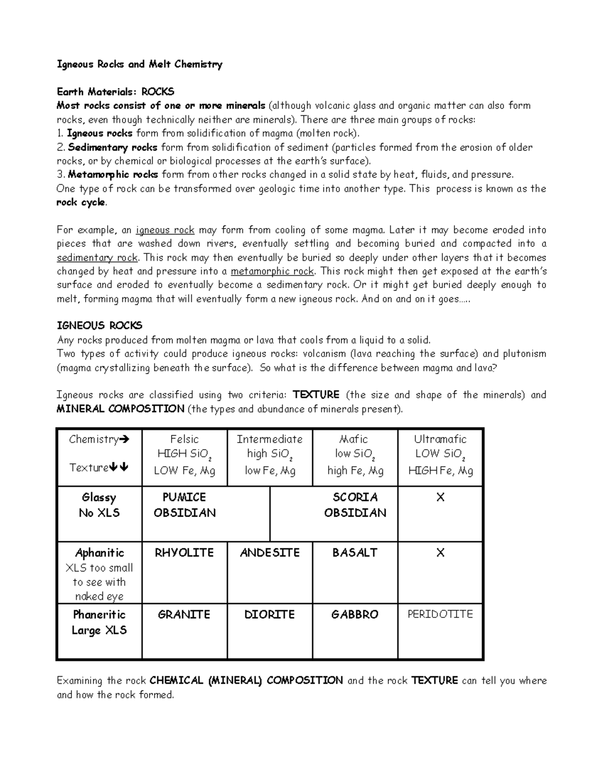 Planet Earth Igneous Rock Lecture Outline - Igneous Rocks and Melt ...