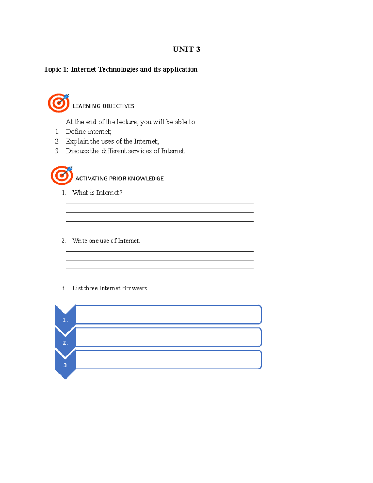 Unit 3 Topic 1 The 3 LEARNING OBJECTIVES ACTIVATING PRIOR