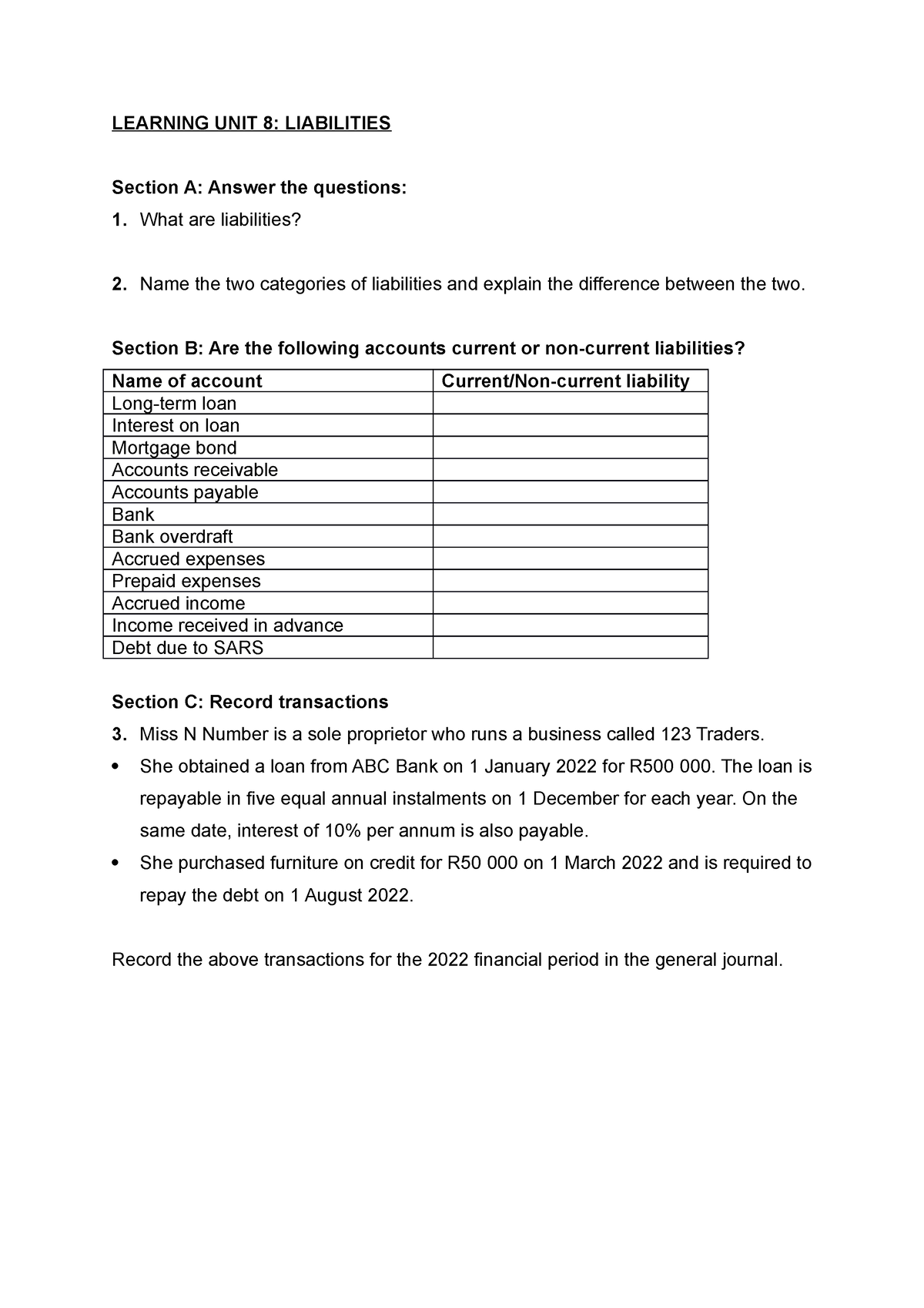 Quiz Questions Unit 8 - Notes - LEARNING UNIT 8: LIABILITIES Section A ...