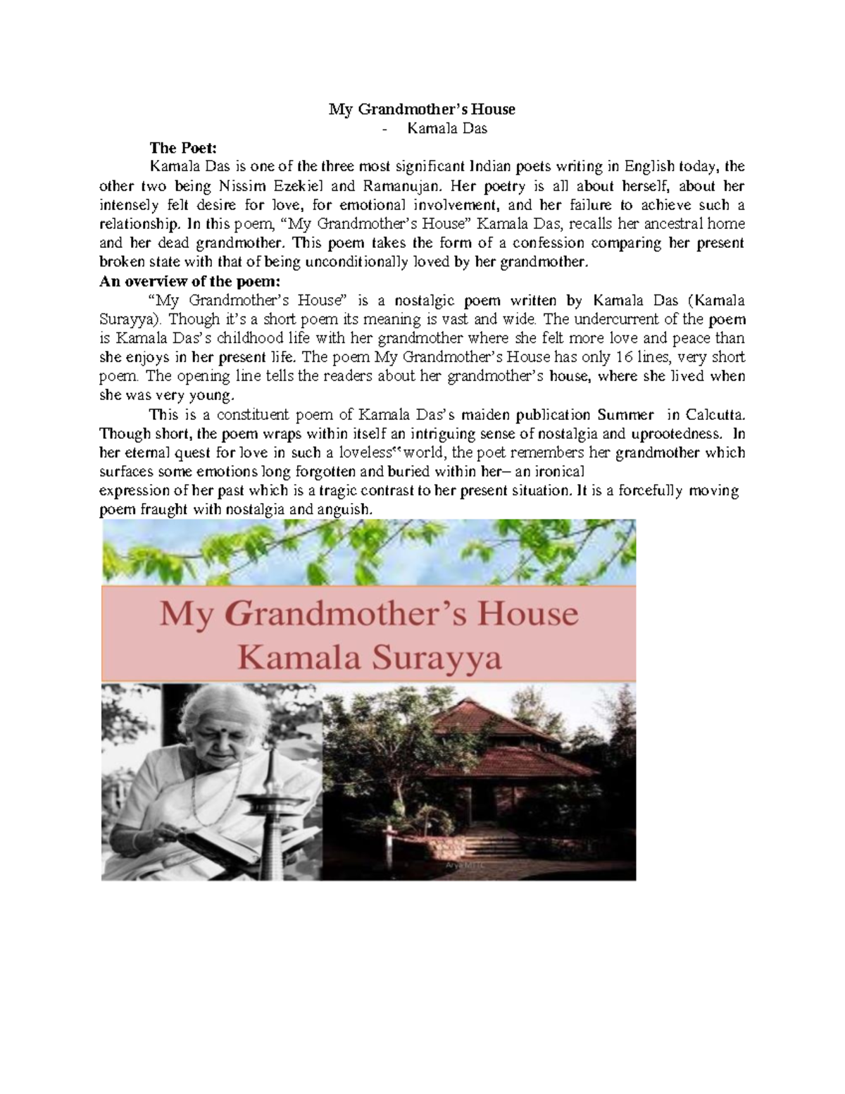 234Indian Writing in EnglishPoem of Kamala Das My Grandmother’s House Kamala Das The Poet