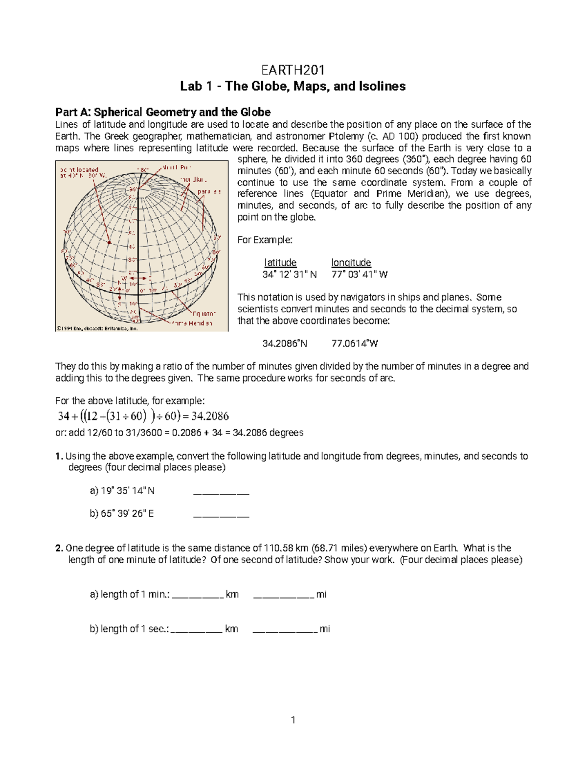 Earth 201 lab1 question - EARTH Lab 1 - The Globe, Maps, and Isolines ...