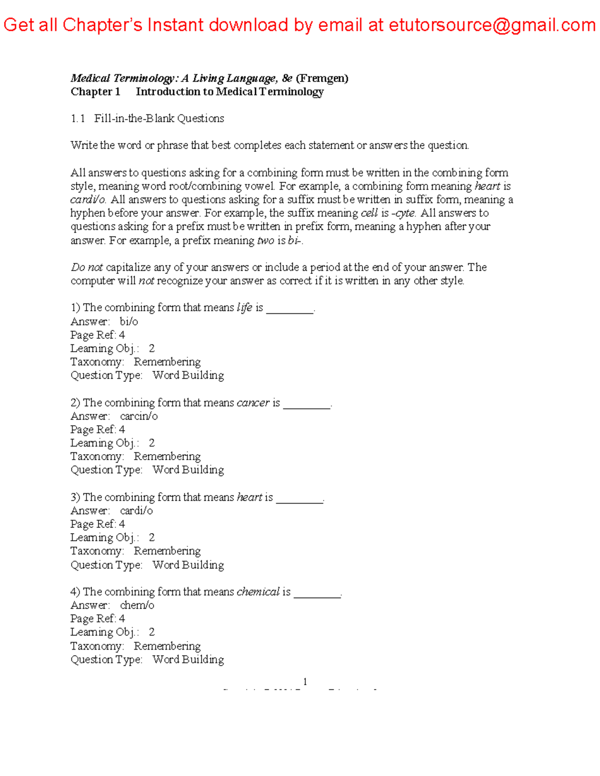 Test Bank For Medical Terminology A Living Language 8e Bonnie Fremgen ...