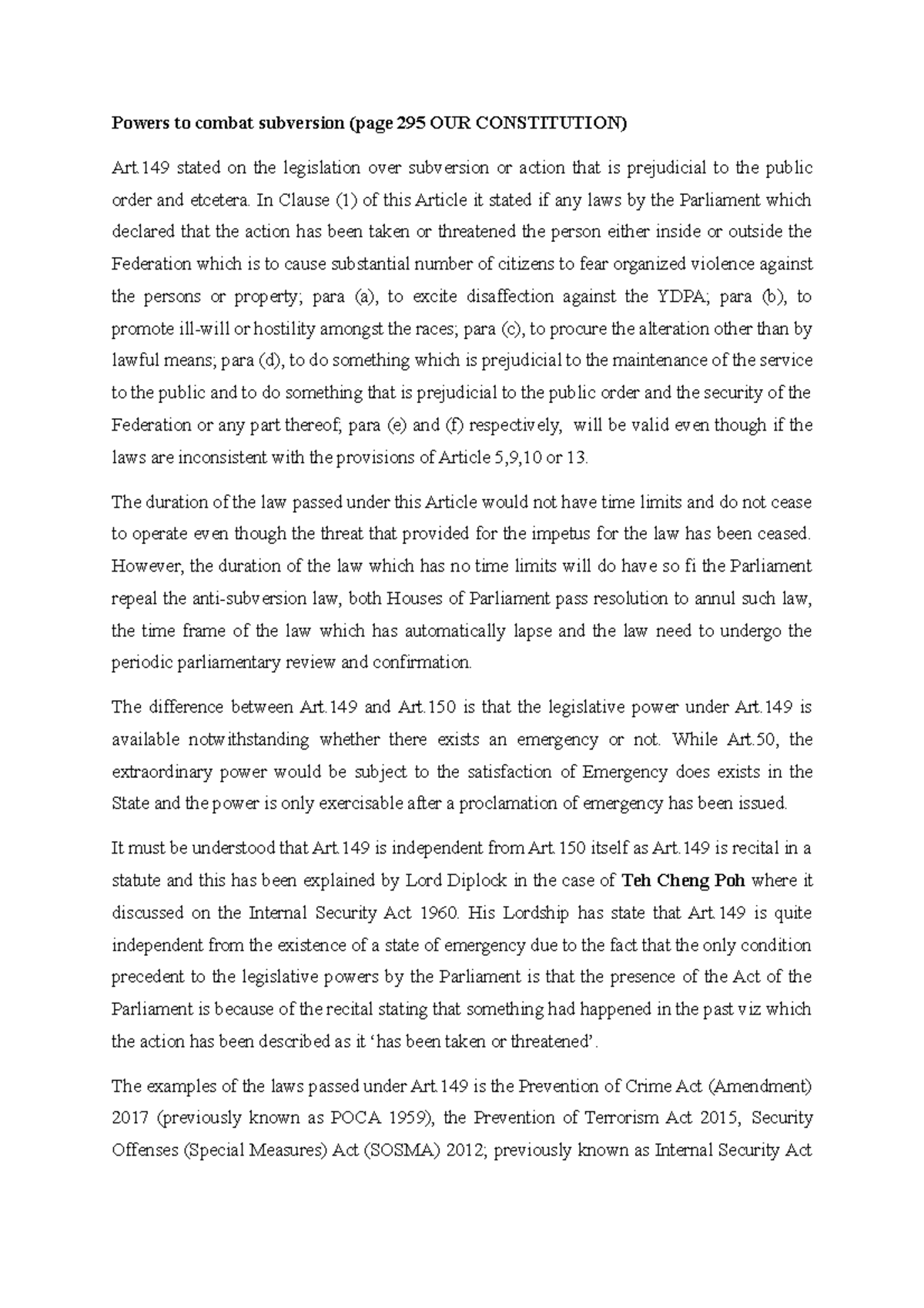 Powers to combat subversion - In Clause (1) of this Article it stated ...