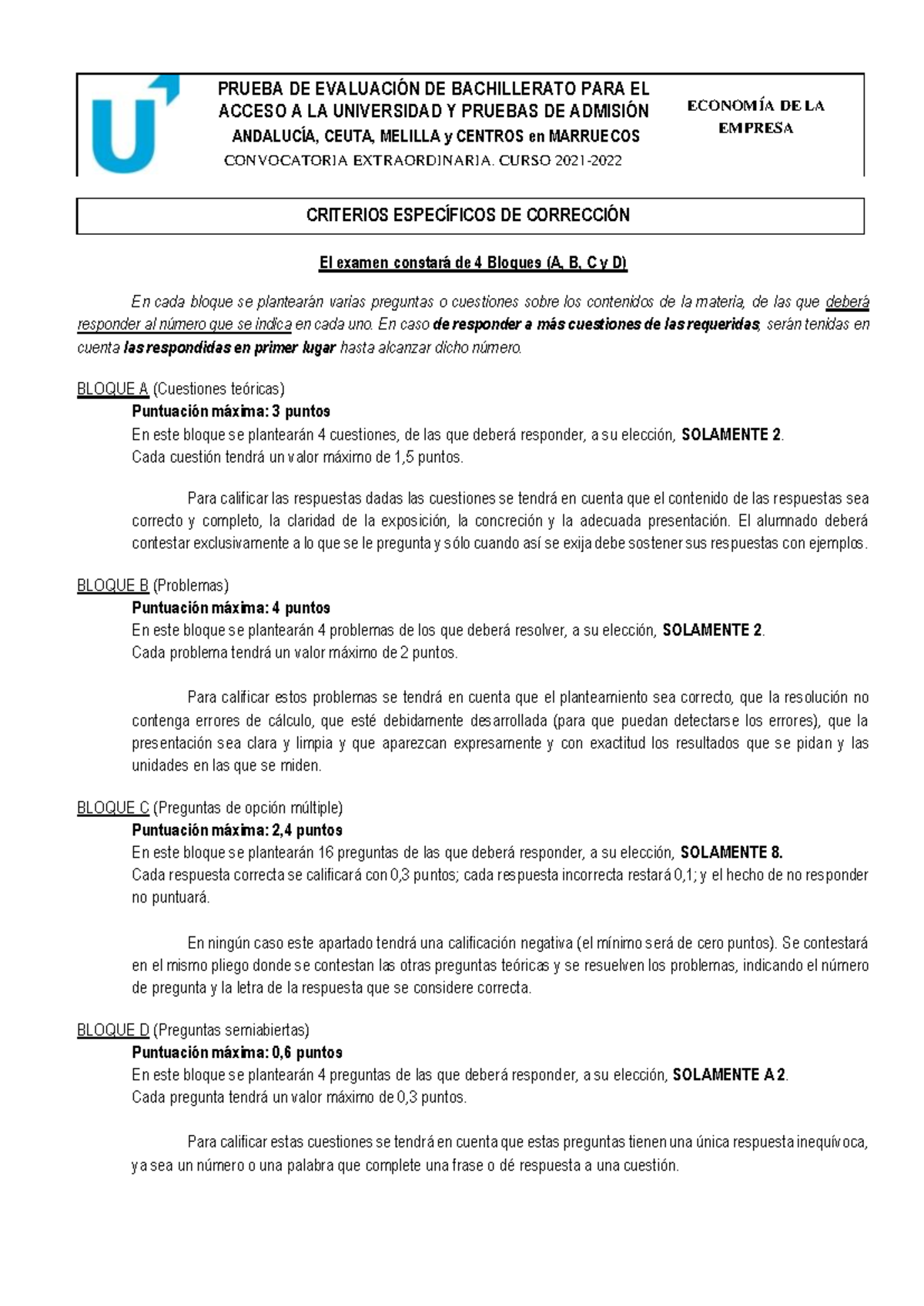 Eempresa Extra Titular Criterios - PRUEBA DE EVALUACIÓN DE BACHILLERATO ...