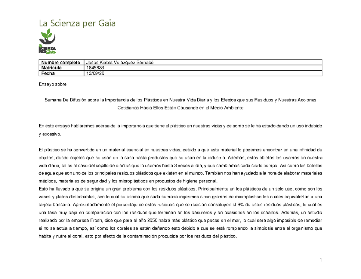 Ensayo AFI JKVB 5167-110 importancia de los plasticos - La Scienza per ...