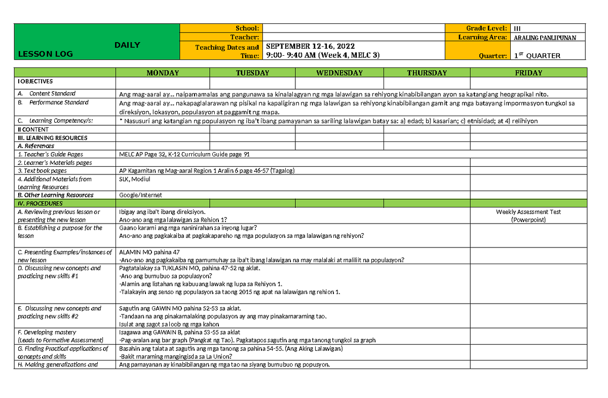 DLL AP 3 Q1 melc3 - JXNCJXXAJZHZ - DAILY LESSON LOG School: Grade Level ...