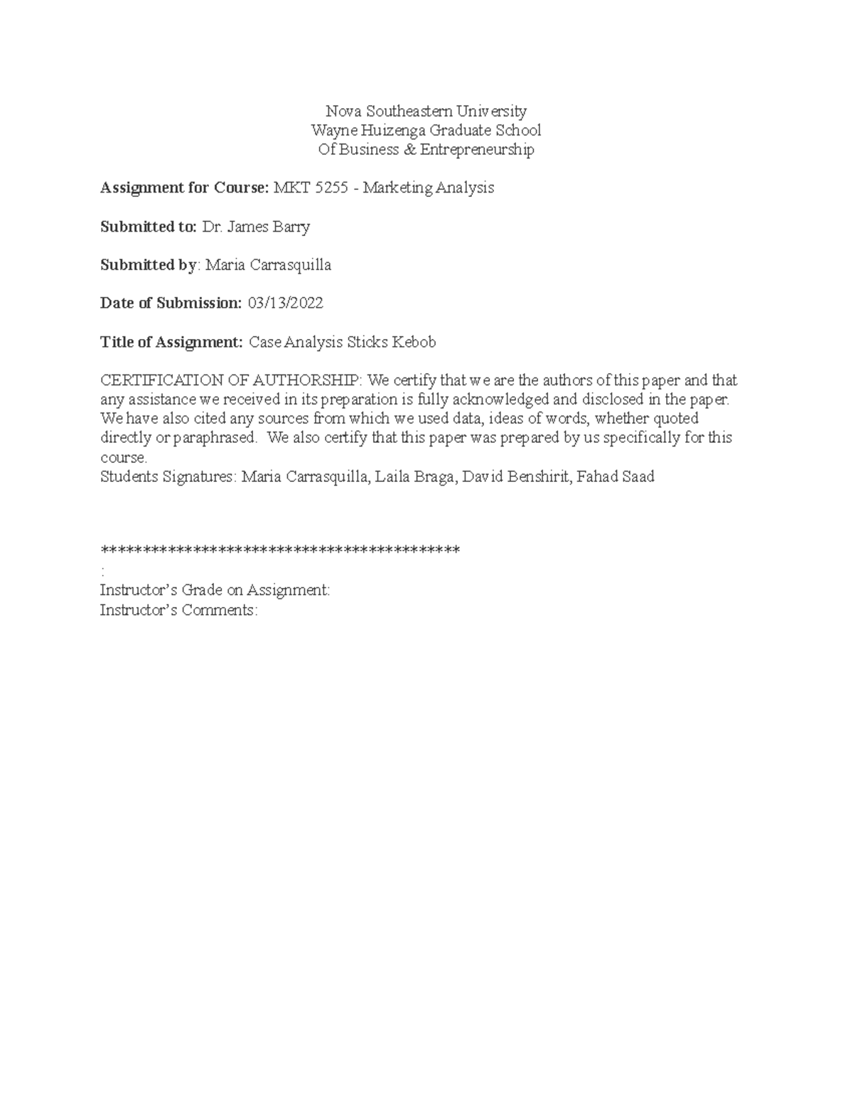 Stick Kebob Final Paper Nova Southeastern University Wayne Huizenga