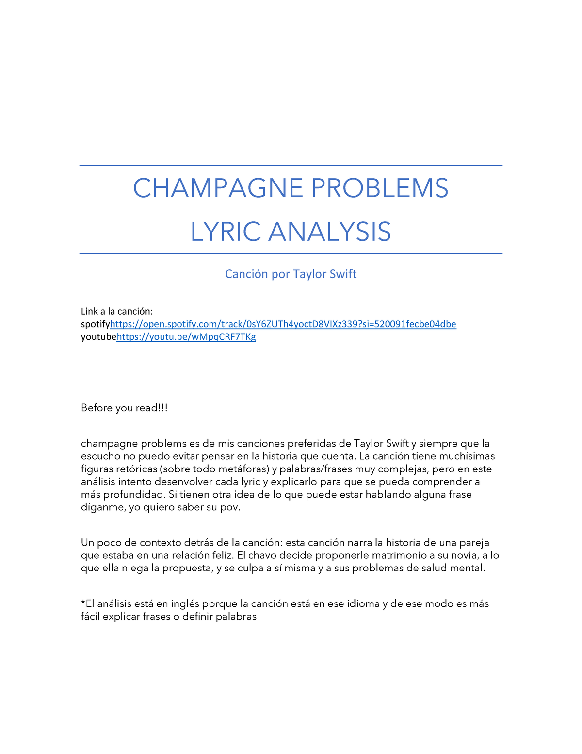 Champagne problems - Analisis - CHAMPAGNE PROBLEMS LYRIC ANALYSIS Canción  por Taylor Swift Link a la - Studocu