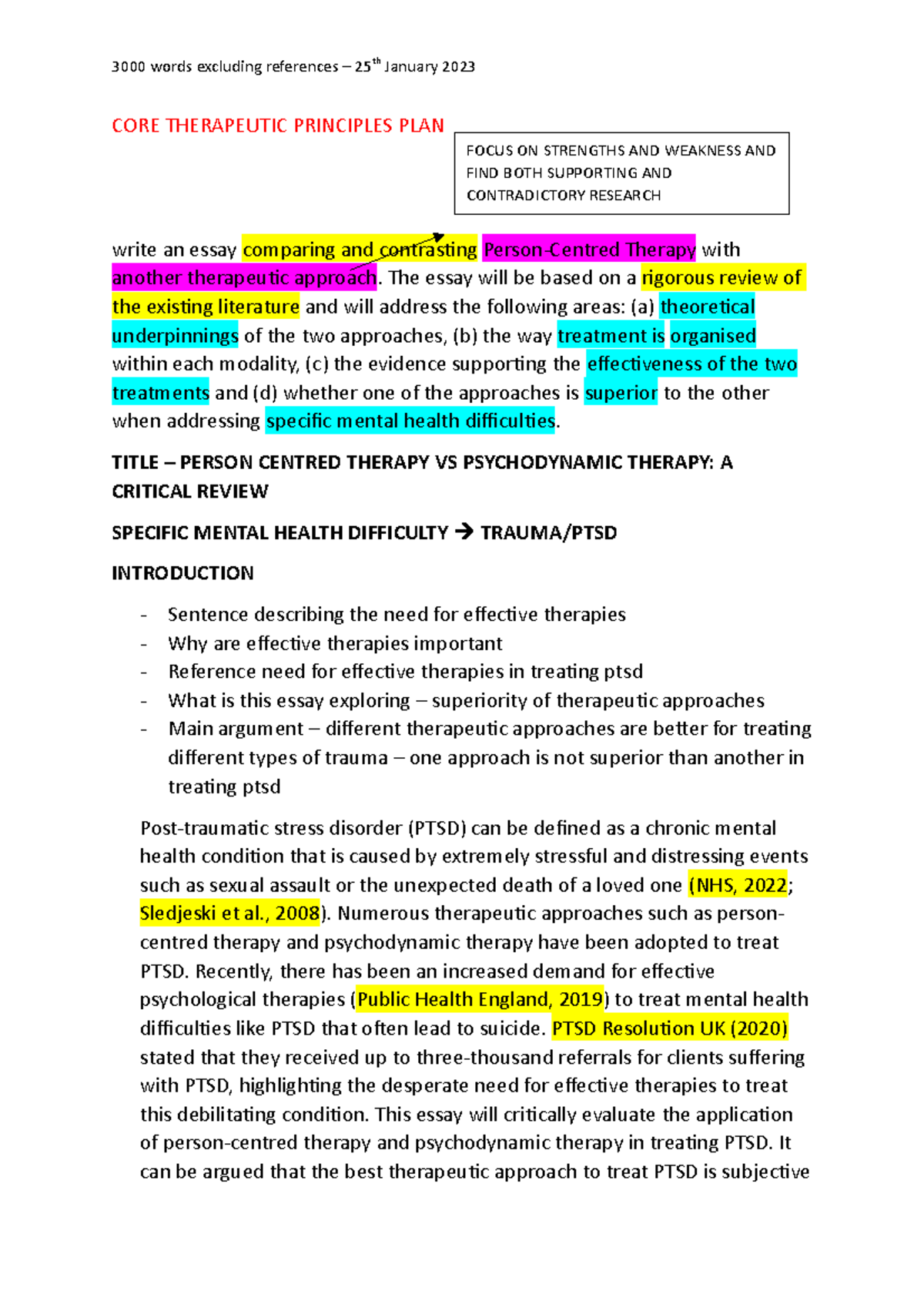 Assignment PLAN CTP - essay plan - CORE THERAPEUTIC PRINCIPLES PLAN ...