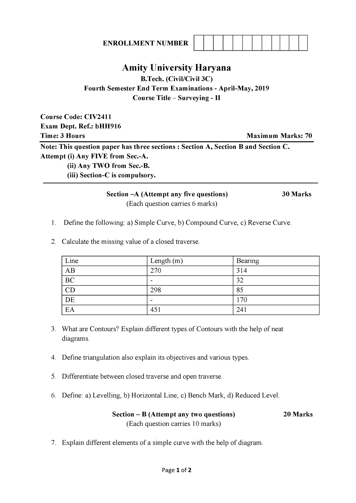 B Tech(CE) IV Surveying - II out - Page 1 of 2 ENROLLMENT NUMBER Amity ...