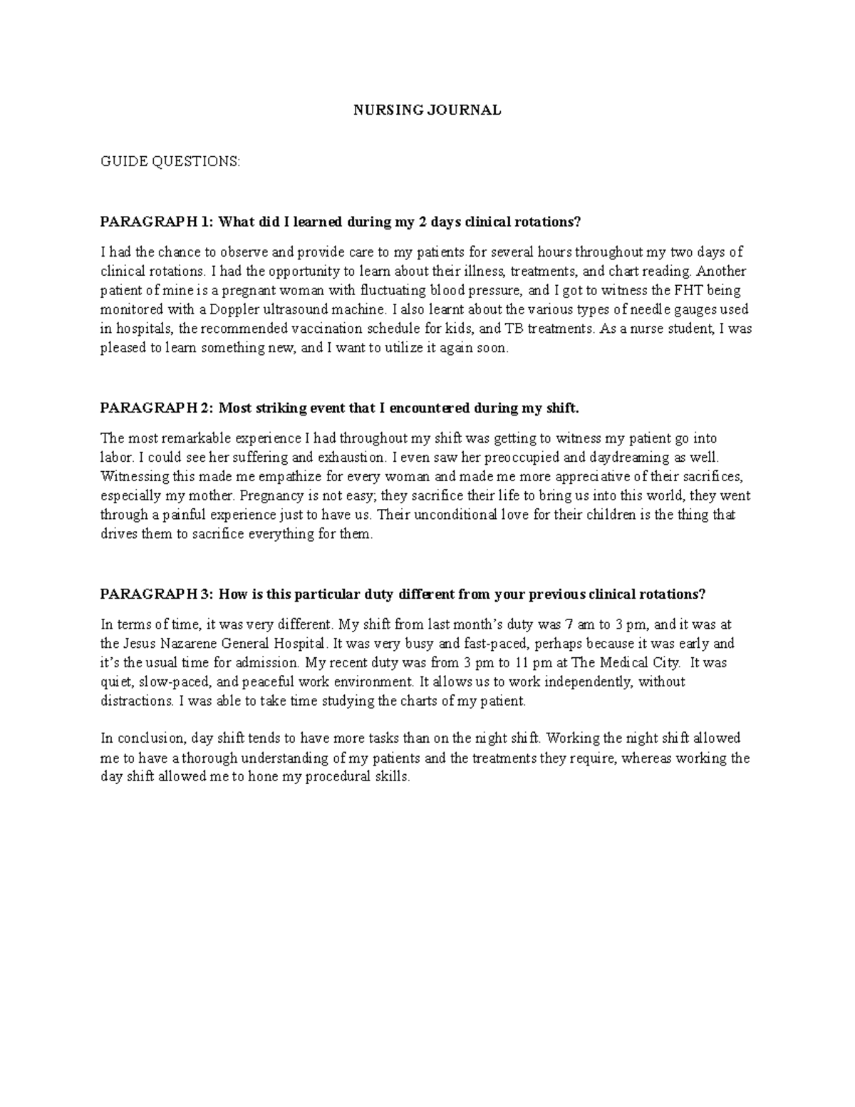 Nursing Journal NURSING JOURNAL GUIDE QUESTIONS PARAGRAPH 1 What