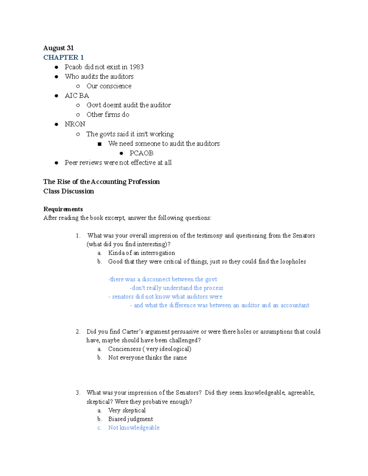 Audit Notes - August 31 CHAPTER 1 Pcaob did not exist in 1983 Who ...