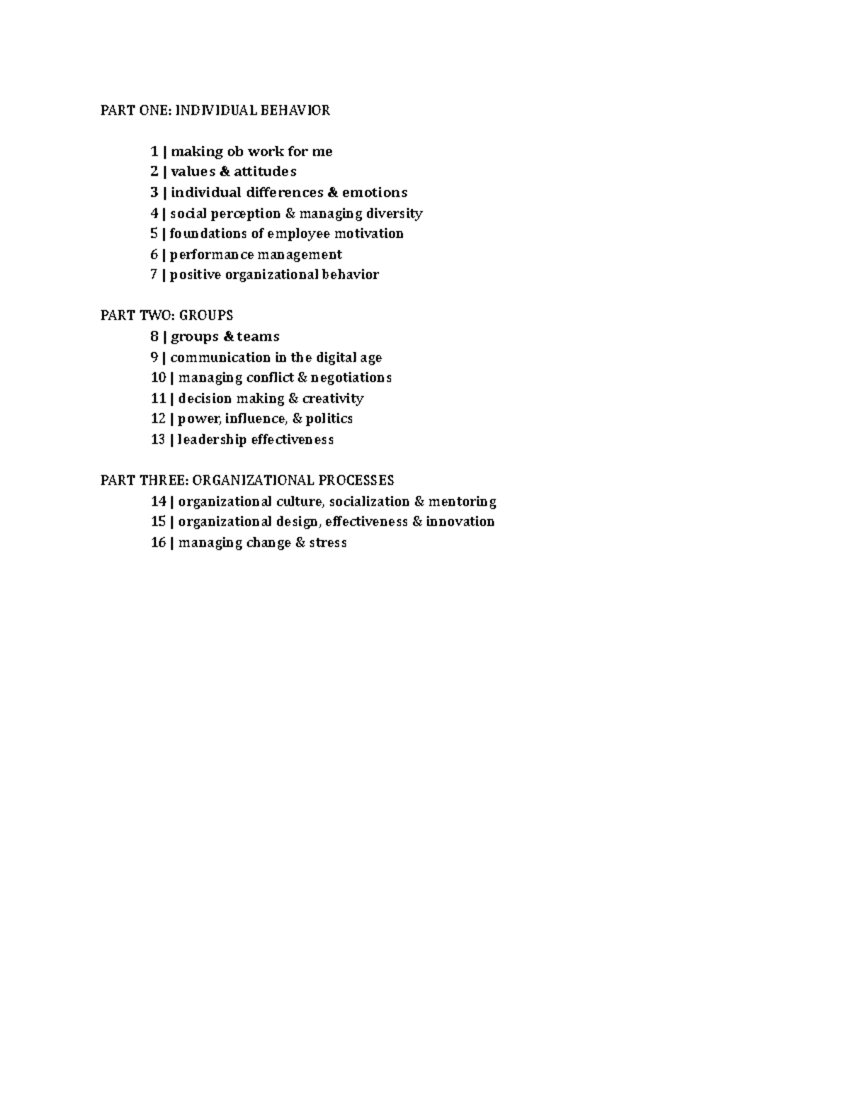 Management notes - chapters 1, 2, 3 and 8 - PART ONE: INDIVIDUAL ...
