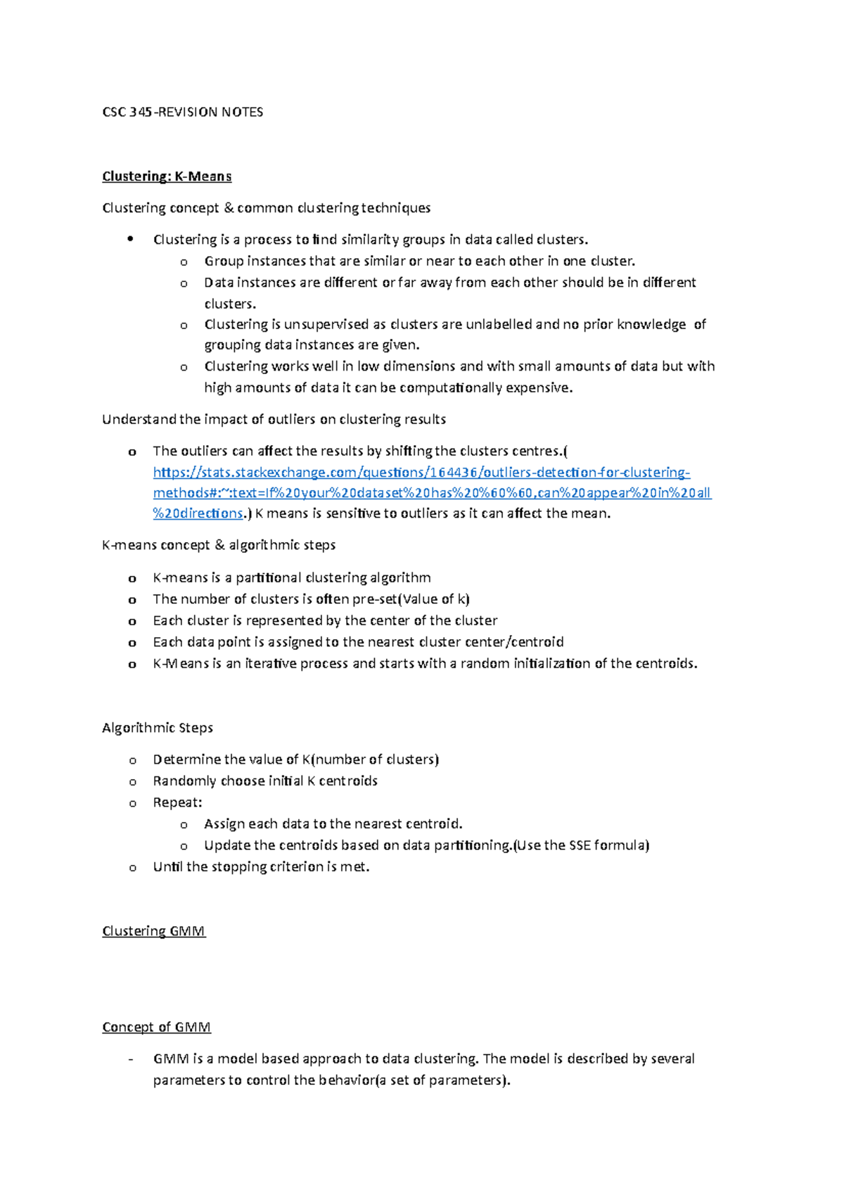 CSC345 Clustering-PCA - CSC 345-REVISION NOTES Clustering: K-Means ...