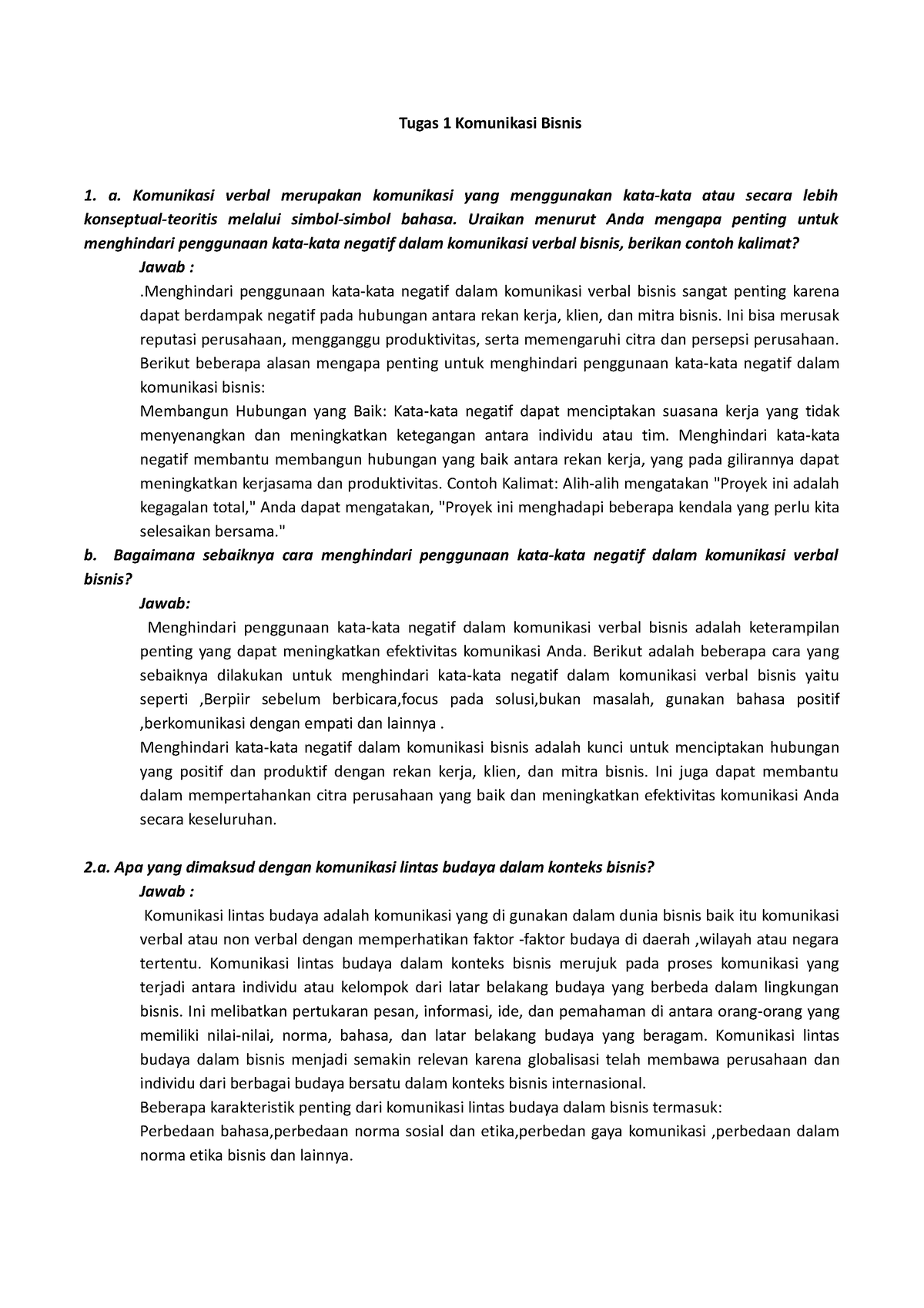 Komunikasi Bisnis - Tugas 1 - Tugas 1 Komunikasi Bisnis A. Komunikasi ...