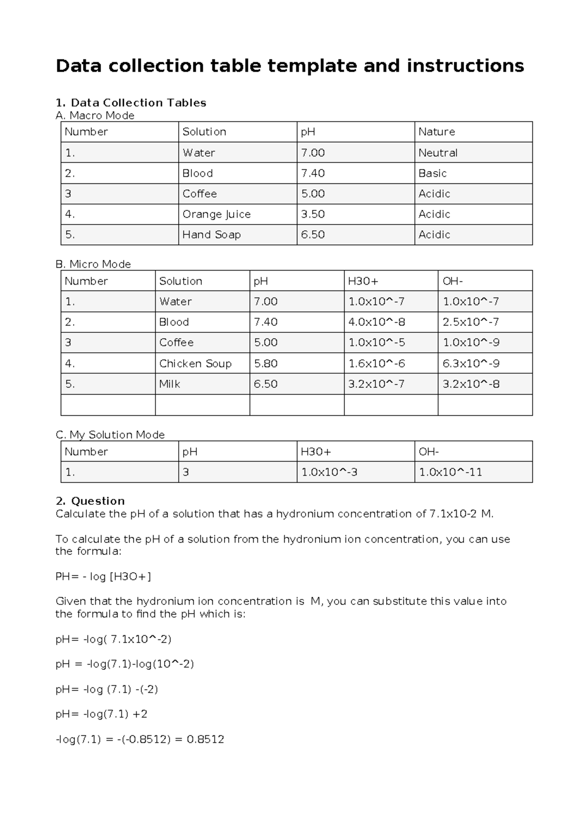 Virtual Lab Results Unit 1 - Data collection table template and ...